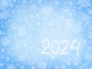 Snow background. Inscription 2024. New Year. Winter background. Abstract background. Nature. Snowflakes. Bokeh. Defocusing the light . Copy space