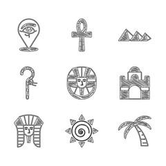 Naklejka premium Set Egyptian pharaoh, Sun, Tropical palm tree, house, Crook, pyramids and Eye of Horus icon. Vector