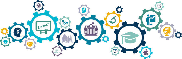 University / College vector illustration. Concept with icons related to higher education, academic course, high school, campus or university study, learning & research, studying.