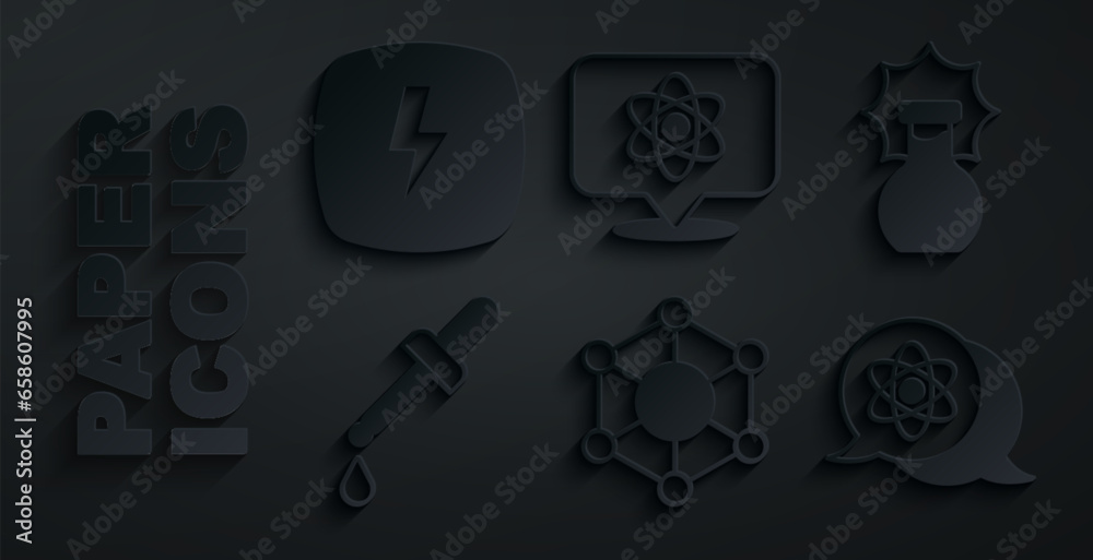 Sticker set molecule, explosion in the flask, pipette, atom, and lightning bolt icon. vector