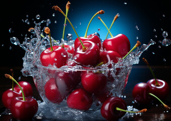 Fototapeta premium dojrzałe czerwone wiśnie wpadające do wody