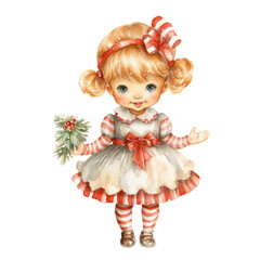 Fototapeta premium Watercolor christmas cute girl clipart 