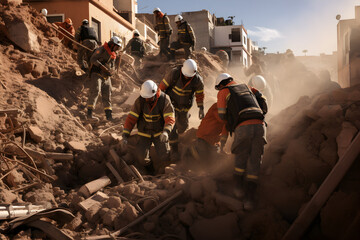 rescue workers during an earthquake disaster  - obrazy, fototapety, plakaty