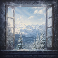 Rustic Stone Window Framed by Snowy Mountains and Forest View