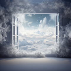 Window Framed by Clouds and Snowy Mountains View