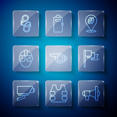 Set line Security camera, Bulletproof vest, Megaphone, Protest, Whistle, Special forces soldier, Handcuffs and Location marker icon. Vector