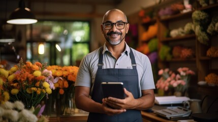 Small businessman owner using tablet  - Powered by Adobe