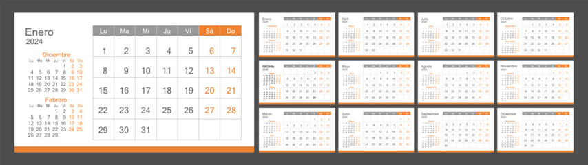 Calendar in Spanish for 2024 monthly - obrazy, fototapety, plakaty