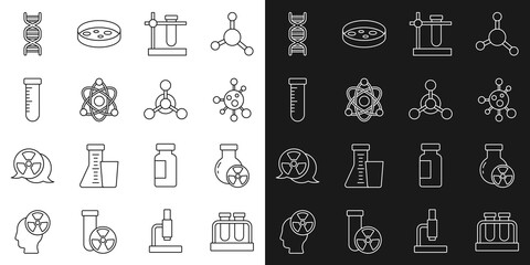 Set line Test tube and flask, radiation, Molecule, stand, Atom, DNA symbol and icon. Vector