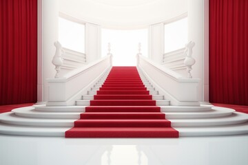 White background with a red carpet leading to stairs. Generative AI