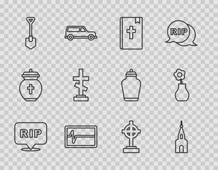 Set line Speech bubble rip death, Church building, Holy bible book, Beat dead monitor, Shovel, Grave with cross, and Flower vase icon. Vector