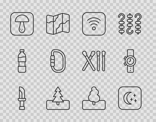 Set line Knife, Moon and stars, Wi-Fi wireless internet, Tree, Mushroom, Carabiner, and Wrist watch icon. Vector