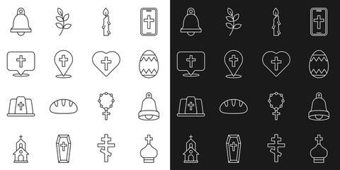Set line Christian church tower, Church bell, Easter egg, Burning candle, Location building, and cross heart icon. Vector