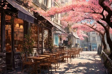Café on a city street in springtime, resembling a fantasy digital painting. Generative AI