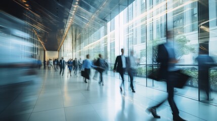 Fototapeta na wymiar Blurred figures of business professionals strolling at an expo, conference, or within a contemporary hall, demonstrating motion speed blur, broad panoramic banner