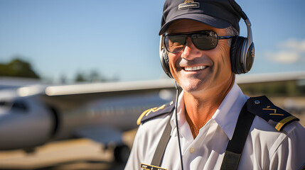 Airline captain, airline pilot or co-pilot in uniform with goggles, cap and headset on an airport runway with an airplane in the background.