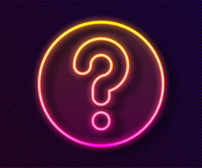 Glowing neon line Unknown search icon isolated on black background. Magnifying glass and question mark. Vector
