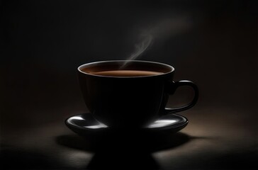 Hot coffee in a black wide coffee cup on a wooden table on dark background