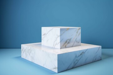 White marble podium on blue background. Generative AI
