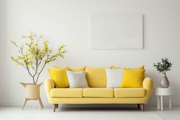 Minimalist living room with white sofa, yellow pillow and Scandinavian interior design. Generative AI