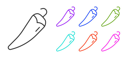 Black line Hot chili pepper pod icon isolated on white background. Design for grocery, culinary products, seasoning and spice package, cooking book. Set icons colorful. Vector