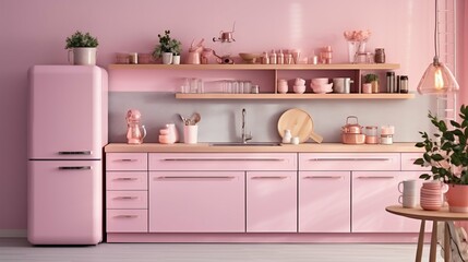 Contemporary Elegance: A Lush Pink Kitchen Interior. Generative ai