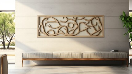 An abstract frame design, resembling intertwining vines, hanging on a textured stone wall, bringing an organic and natural feel to the room.