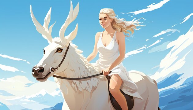 blonde girl riding a white stag
