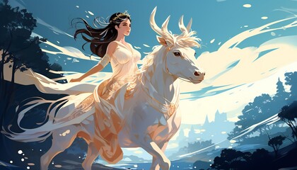 Obraz na płótnie Canvas girl with long hair riding a stag 