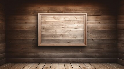 An empty frame on a rustic wooden wall in a cozy cabin interior.