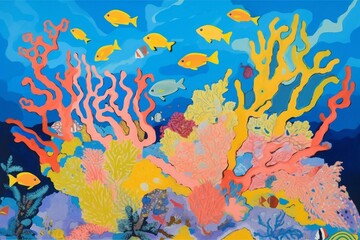 Fototapeta na wymiar A colorful coral reef painting with fish, corals, blue background, black border, blue sky, clouds, and yellow fish. Generative AI