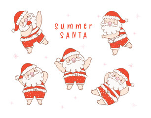 Cute summer christmas santa claus collection, Kawaii Summer Christmas Holiday Cartoon doodl. greeting card.