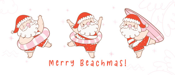 Cute summer christmas santa claus with surfboard and swim ring collection, Kawaii Summer Christmas Holiday Cartoon doodle hand drawing banner