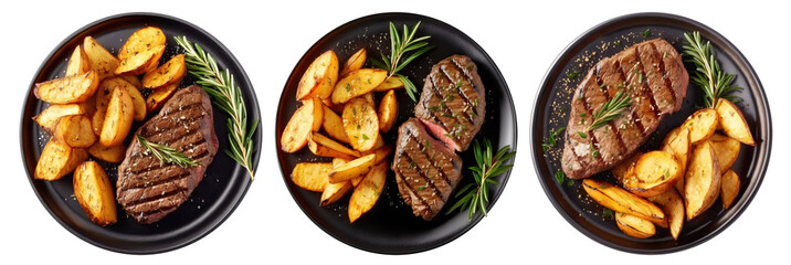 Set of black plates with grilled beef steaks and potatoes top view, cut out