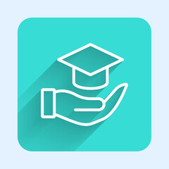 White line Education grant icon isolated with long shadow background. Tuition fee, financial education, budget fund, scholarship program, graduation hat. Green square button. Vector