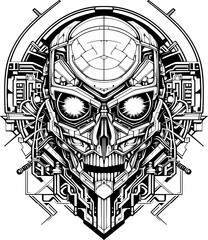 Vector portrait of a cyborg in black and white line art style. Hand-drawn illustration. EPS-10