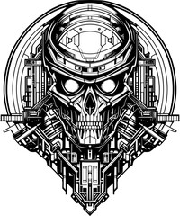 Vector portrait of a cyborg in black and white line art style. Hand-drawn illustration. EPS-10