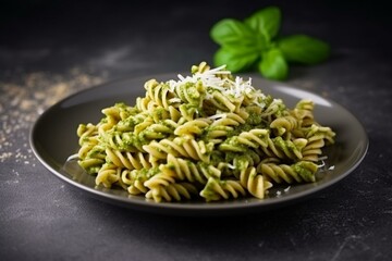 Delicious pasta dish with pesto on a blank surface. Generative AI