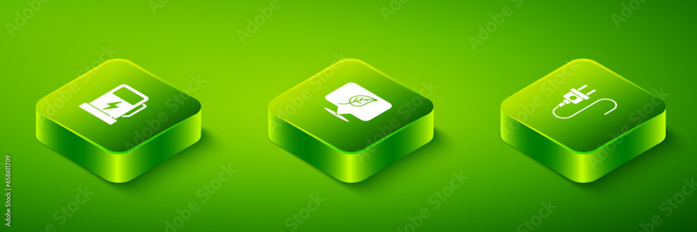 Sticker Set Isometric Location with leaf, Electric plug and car charging station icon. Vector