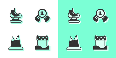 Set Ribbon in finishing line, Skates, Mountains and Medal icon. Vector