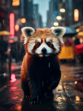 A Photo of a Red Panda on the Street of a Major City at Night