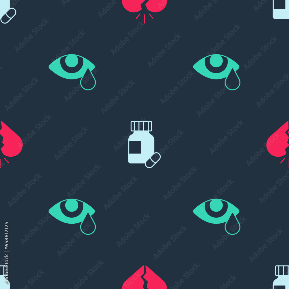 Wall mural set broken heart or divorce, sedative pills and tear cry eye on seamless pattern. vector