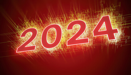 Illustration - abstract neon light in red with the numbers 2024 - represents the new year - holiday concept.