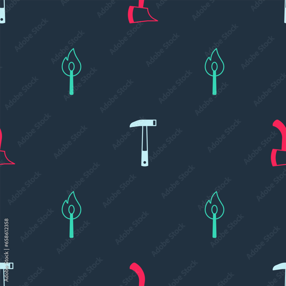 Poster set firefighter axe, and burning match with fire on seamless pattern. vector