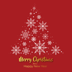 Christmas tree with snowflakes in red background