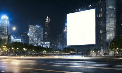 mockup, Blank Billboard on City Street at Night. Outdoor advertising. Plain white billboard on office building background, skyscrapers. evening street. night scene. long exposure. Generative ai