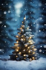 Christmas tree in winter forest. Christmas and New Year holidays background.