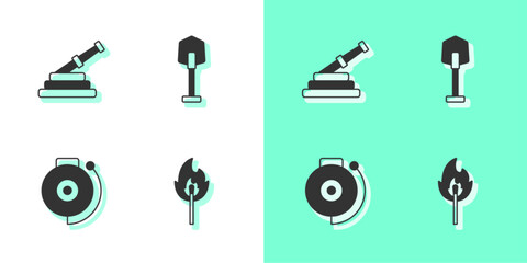 Fototapeta premium Set Burning match with fire, Fire hose reel, Ringing alarm bell and shovel icon. Vector