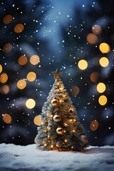 Christmas tree in winter forest. Christmas and New Year holidays background.