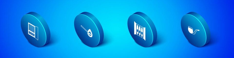 Set Isometric Cigarette case, No pipe smoking and Burning match with fire icon. Vector